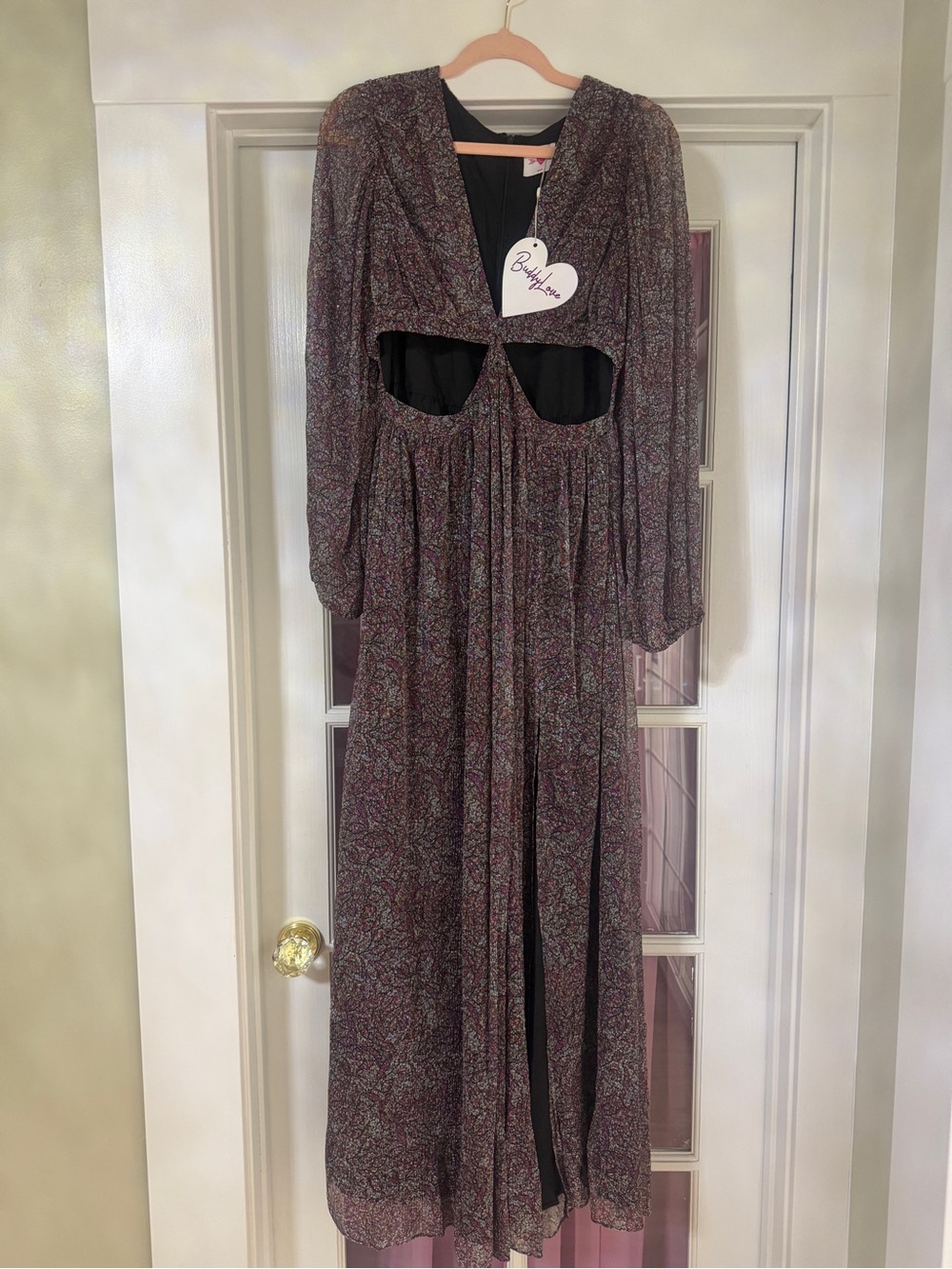 Buddy Love Sparkly Cutout Maxi Dress in Mauve and Black